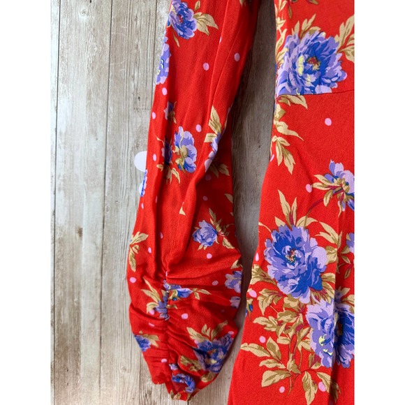Zara Wrap Mini Dress Sz Small Red Blue Floral Long Sleeve Ruched Stretch‎ A-Line - Picture 11 of 12